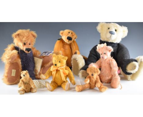 Seven various Teddy bears including Dean's Rag Book, Russ, Bo Bear Designs etc, largest 42cm tall.&nbsp;