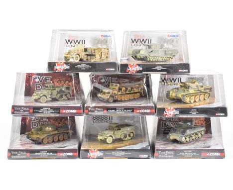 Eight Corgi WWII Legends 1:50 scale diecast military vehicles to include Panther Ausf.A Regimental Command Tank CC60206, M3 H