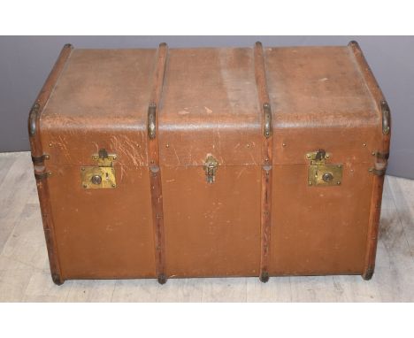Ash bound vintage travelling trunk, 90 x 56 x 56cm, together with a further smaller trunk