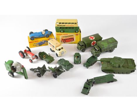 Fifteen diecast model cars to include Dinky Toys Double Deck Bus 290, Talbot Lago and a collection of Military vehicles.