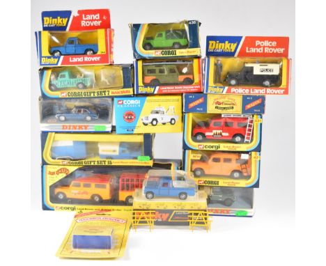 Fifteen Corgi and Dinky diecast model Land Rovers including Gift Set 7 Daktari, Land Rover 15 with Horse Box and Jean Richard