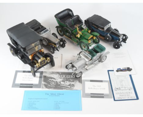 Five Franklin Mint model cars to include 1907 Rolls-Royce Silver Ghost and 1929 Rolls-Royce Phantom, some with certificates.