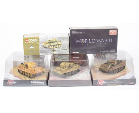 Five Corgi 1:50 and 1:60 scale diecast model tanks to include WWII Legends Tiger 1 101st SS sPzAbt CC60502 and PzKpfww VI Tig