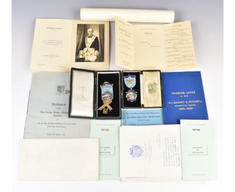 Two cased silver gilt and enamel Masonic jewels for Omerod Lodge 5713, with associated ephemera&nbsp;