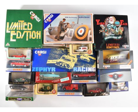A collection of Corgi, Dinky and similar diecast model vehicles to include 50th Anniversary Battle of Britain, York Fair and 