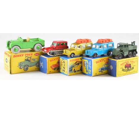 Five Matchbox and Dinky diecast model cars comprising Matchbox Safari Land Rover 12, Superfast Safari Land Rover 12, Snow-Tra
