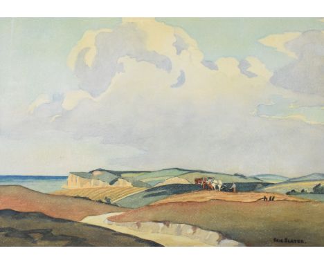 Eric Slater (1896-1963) watercolour of horse drawn ploughing, cliffs and seascape, signed lower right and titled verso 'Off N