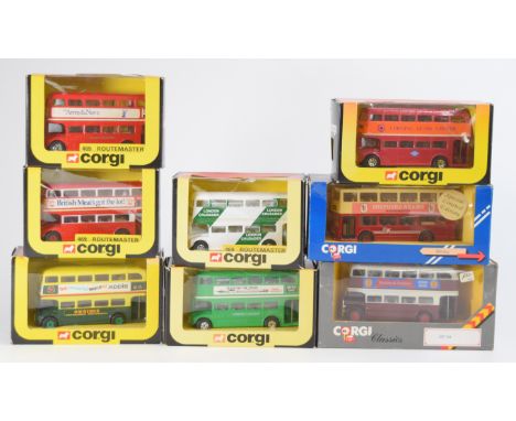 Eight Corgi diecast model buses to include Routemaster British Meat advertising&nbsp;469, Routemaster London Crusader&nbsp;46