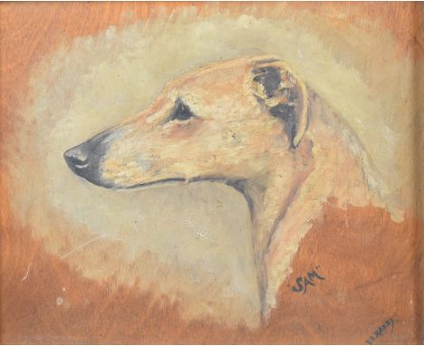 V E Mandy oil on panel portrait of a dog 'Sam', signed titled and dated 30 lower right, 24.5 x 30cm, in ebonised frame with a