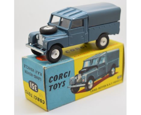 Corgi Toys diecast model Land-Rover R.A.F. Vehicle with blue body, bed cover and silver hubs, 351, in original box.