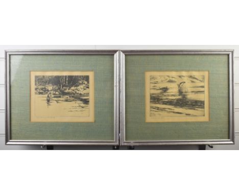 Norman Wilkinson (British 1878-1971) pair of signed etchings 'A Fresh Run Fish' and 'Trout Fishing On The Garry', each 18.5 x