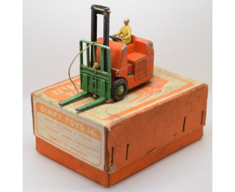 Dinky Toys diecast model Coventry Climax Fork Lift Truck with orange body, black boom and green attachment and hubs, 14c, in 