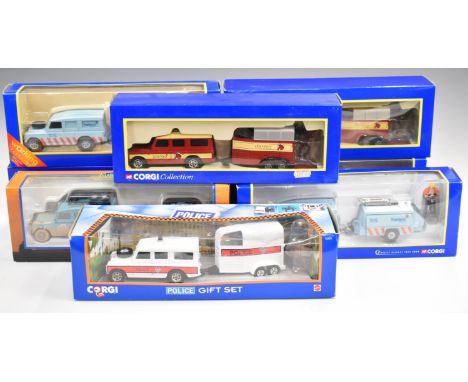 Eight Corgi diecast model Land Rover sets to include Police and Horse Trailer 92450, Transco Road Drill 60031 and Beach Patro