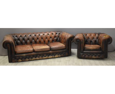 Chesterfield sofa and armchair, in brown leather,&nbsp;length of sofa 210cm