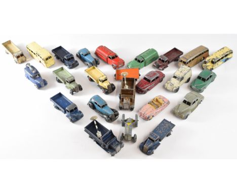 Twenty four Dinky Toys diecast model cars including Rover 75, Observation Coach, Morris Oxford, Luxury Coach and Petrol Tanke