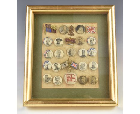 Twenty five vintage enamel and other badges, including military interest figures, Edward VII, South Africa interest etc