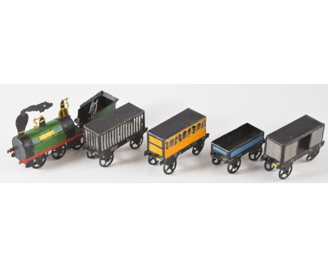 A painted metal model steam train kit comprising Locomotive, tender and four carriages,