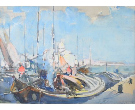 Arthur Henry Knighton-Hammond (1875-1970) watercolour Venice boats alongside a quay, signed lower right, 31.5 x 44cm, in whit