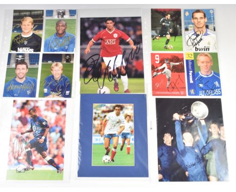 A collection of football related autographs to include photos signed by Christiano Ronaldo, Ashley Cole, Nobby Stiles and Mic