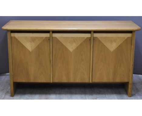 Windmill Furniture London Art Deco style parquetry light oak sideboard with three cupboard doors, W160 x D57 x H87cm