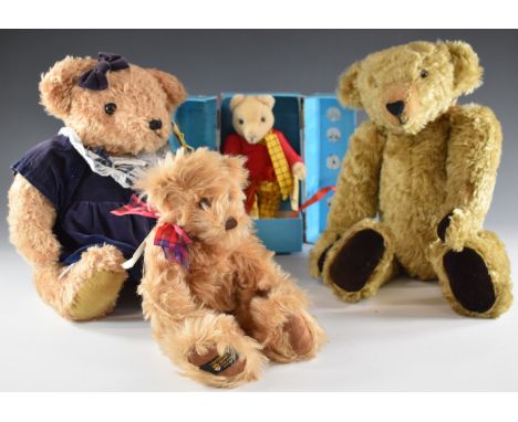 Four various Teddy bears Merrythought Rupert in original display box, Canterbury Bears Jeremy, Katie Promotional Bear Blue an