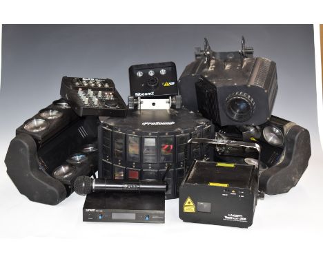 Various disco / concert / karaoke equipment including KAM text beam 300 laser, Zbeam Z s700-LED smoke machine, Prolight Equin
