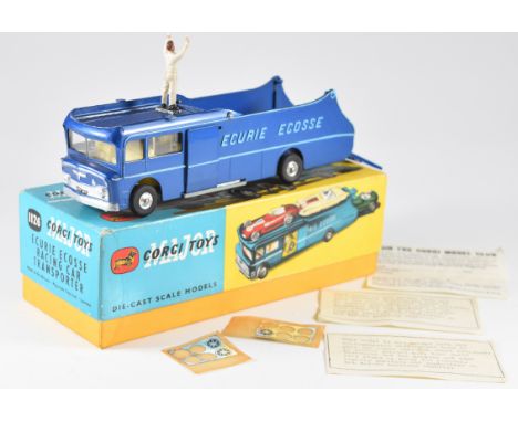 Corgi Major Toys diecast model Ecurie Ecosse Racing Car Transporter with blue body, cream interior, silver hubs and driver, 1