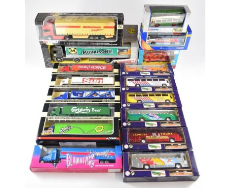 A collection of diecast model buses, lorries and trams by Corgi, The Original Omnibus Company and similar, all in original bo