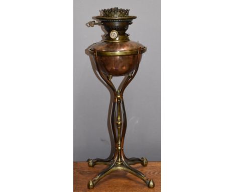 WAS Benson copper and brass oil lamp with reservoir and Hinks No 2 burner, height 50cm