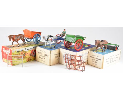 Three diecast model farm vehicles comprising Britains Farm Horse Rake With Driver No.8F, Horse Roller No.9F and A Crescent To