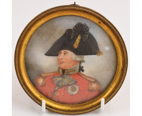 19thC portrait miniature on ivory, believed to depict King George III, in period gilt frame, overall diameter 11cm, with ivor