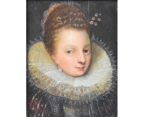 Manner of Federico Zuccaro (1539-1609) oil on panel portrait of an Elizabethan lady, 25 x 19.5cm, in gilt frame with labels v