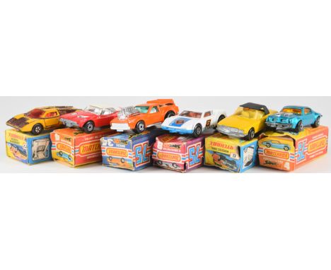 Six Matchbox 75 Superfast diecast model cars comprising Pontiac Firebird x2, Mercedes 350SL, De Tomaso Pantera, Lamborghini C