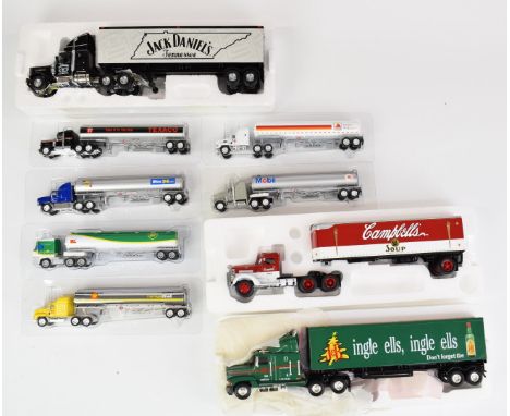 Nine Matchbox diecast model lorries and petrol tanker trucks to include Mobil Kenworth Aerodyne, Shell Mack CH600 and Sunoco 