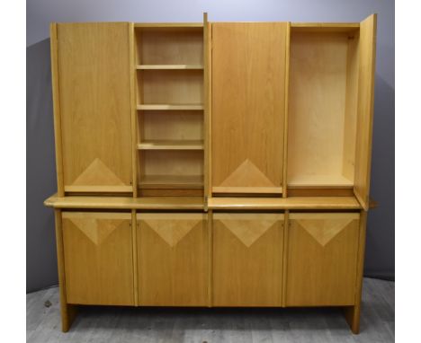 Windmill Furniture London Art Deco style parquetry light oak sideboard with four cupboard doors to both top and bottom, W200 