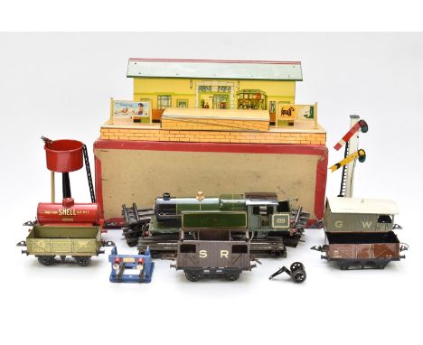 Hornby 0 gauge electric model railway or train set comprising GWR 4-4-2 tank locomotive, five various wagons and track togeth