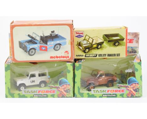 Four vintage diecast model Land Rovers comprising Mattel Mebetoys East Africa Fotosafari, Tri-ang TM 6525 Utility Set, Britai