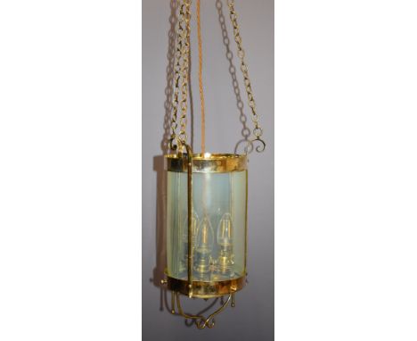 19th or early 20thC Vaseline glass brass hall lantern, height of lamp only 34cm
