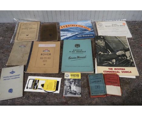 Assorted car manuals and motoring literature to include Rover and Austin 