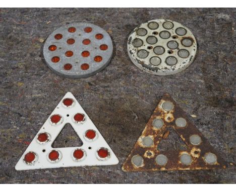 2- Small tin warning triangles, cast aluminium fairy light warning circle and one other 