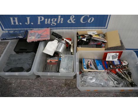 Quantity of assorted hand tools to include spanners, belt tension tester and sprayer etc 