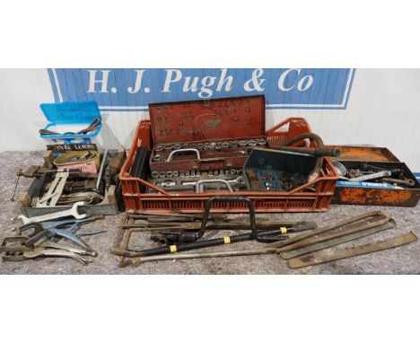 Socket sets, tyre levers and assorted workshop tools 