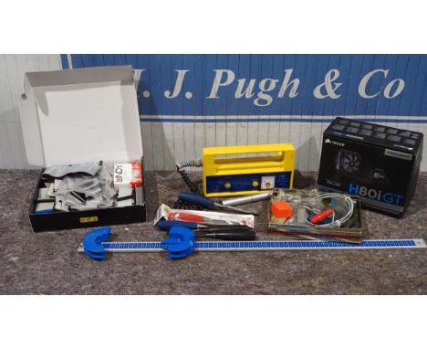 CPU cooler, gas detector, belt measurer, assorted cables and assorted tools 
