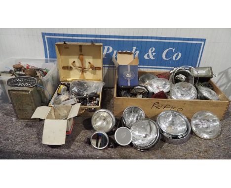 Car headlights and rear lights, mostly Lucas, Land Rover badge, Valour fuel can etc 