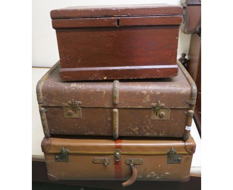 A wood bound travel trunk, painted pine box and a travel trunk (3) Condition Report:Available upon request