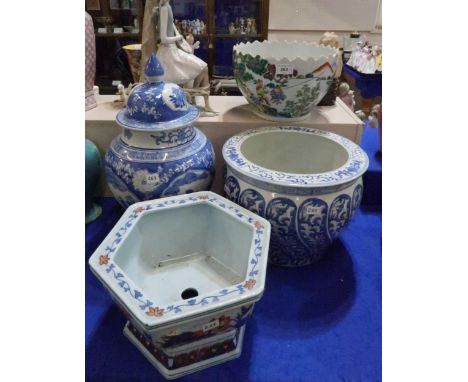 A blue and white Chinese jar and cover, a fish bowl, a hexagonal planter and a bowl with pointed rim Condition Report:Availab