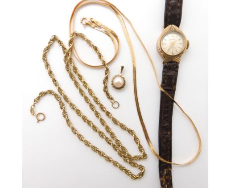 A 14k gold ribbon chain, weight 2.2gms, a 9ct rope chain, ladies Accurist watch head and a yellow metal pearl pendant, weight