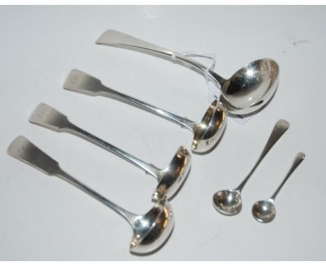 Two silver sauce ladles, Edinburgh 1832 by Andrew Wilkie, another silver example by Peter Lambert, Edinburgh, 1816, another s