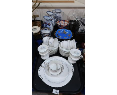 A Noritake butterfly dish, a pair of antique transfer printed pitchers and bowls, another pitcher, two Japanese Imari bowls, 