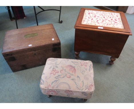 An early 20th century commode, upholstered footstool and an oak box(3) Condition Report:Available upon request